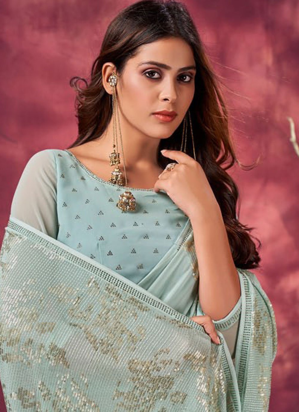 Classic Georgette Aqua Blue Fancy Work Saree