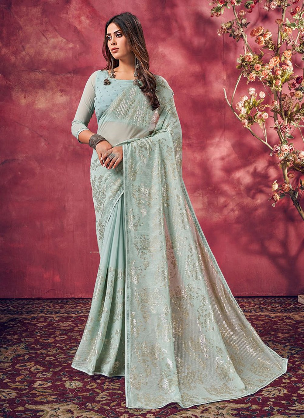 Classic Georgette Aqua Blue Fancy Work Saree