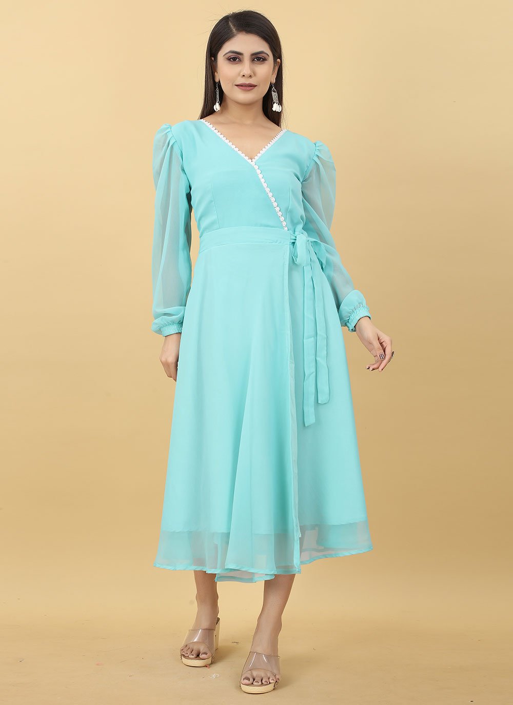 Gown Georgette Aqua Blue Plain Gown