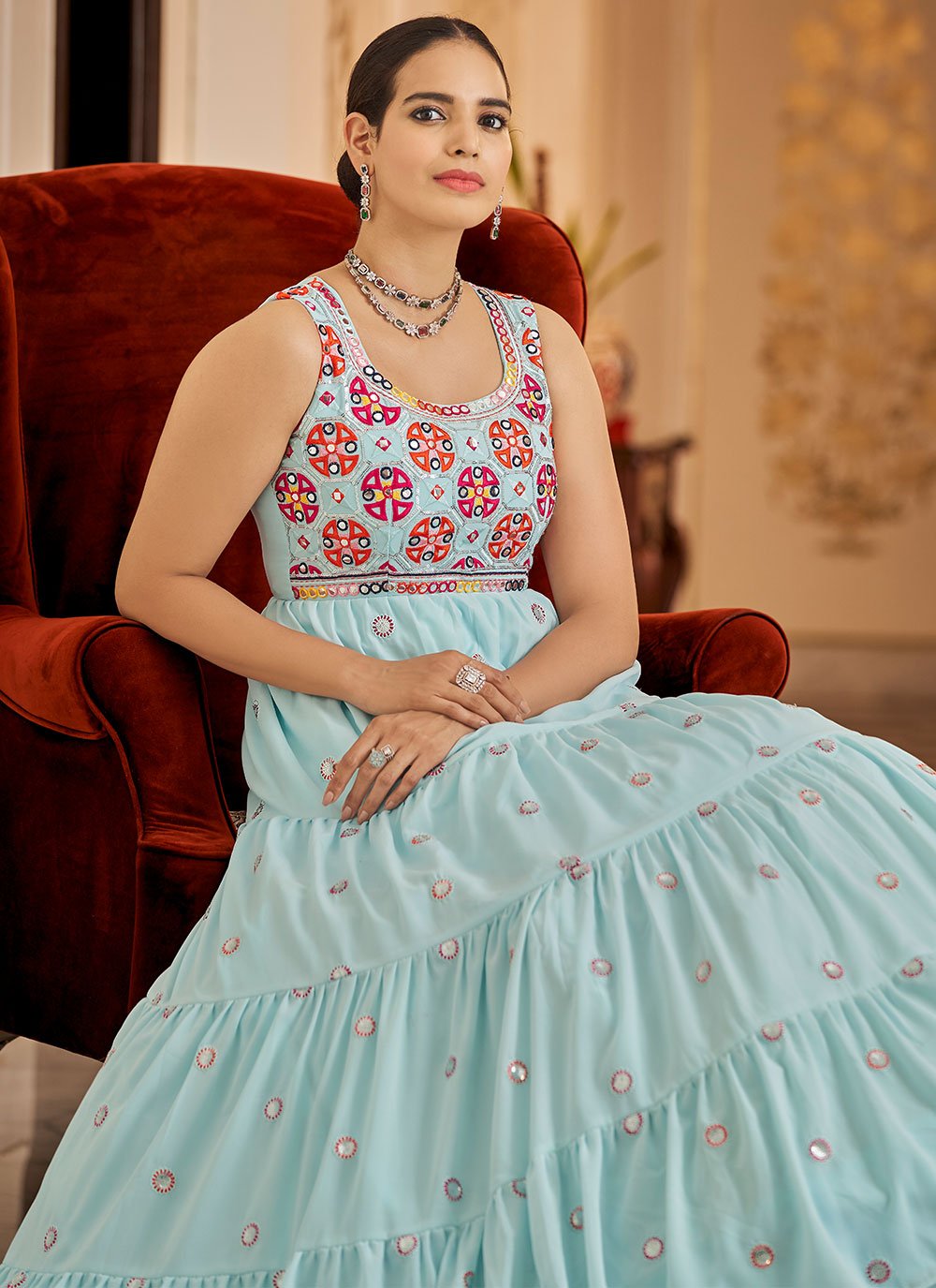 Gown Georgette Aqua Blue Embroidered Gown