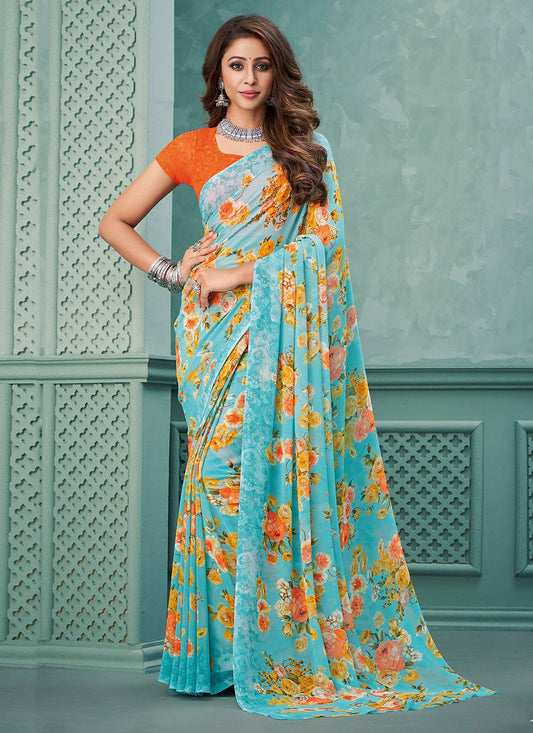 Trendy Saree Georgette Aqua Blue Floral Patch Saree