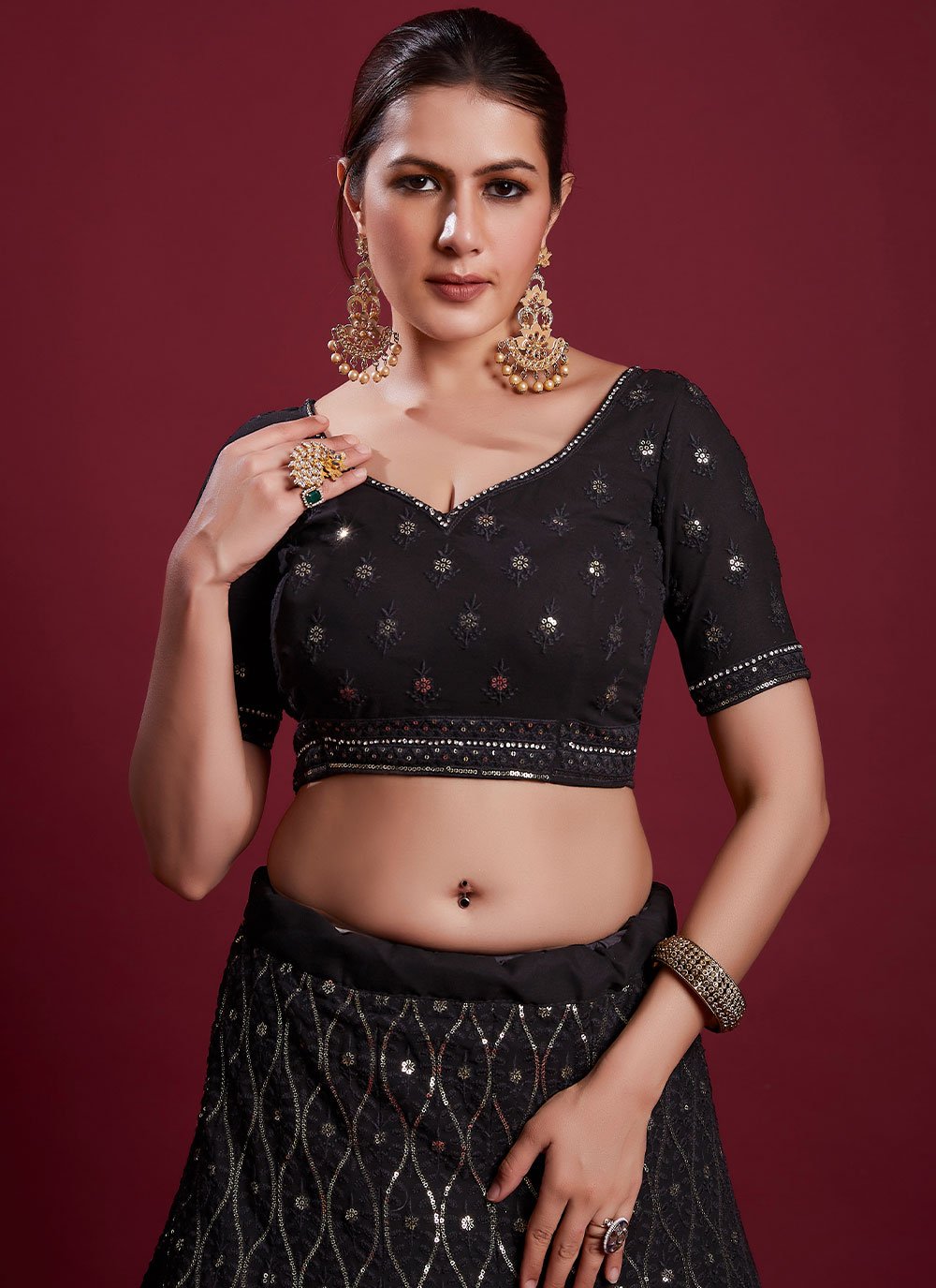 A Line Lehenga Georgette Black Gota Work Lehenga Choli