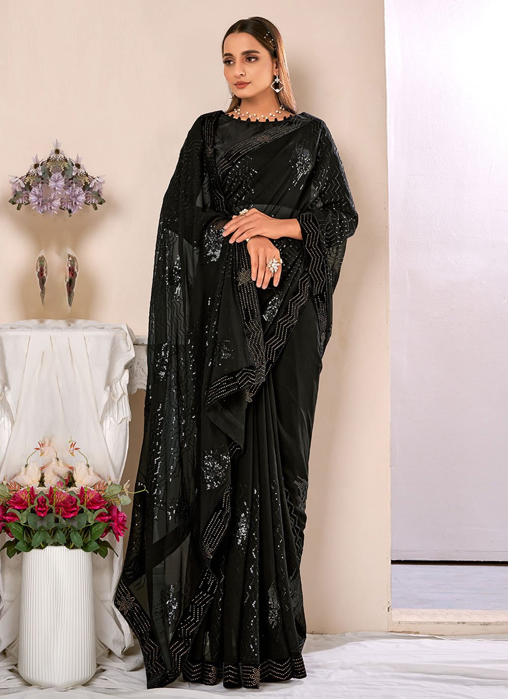 Classic Bembarg Georgette Black Patch Border Saree