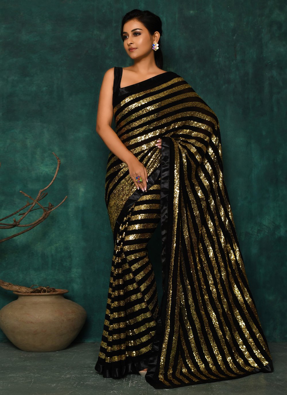 Designer Georgette Black Hand Work Saree