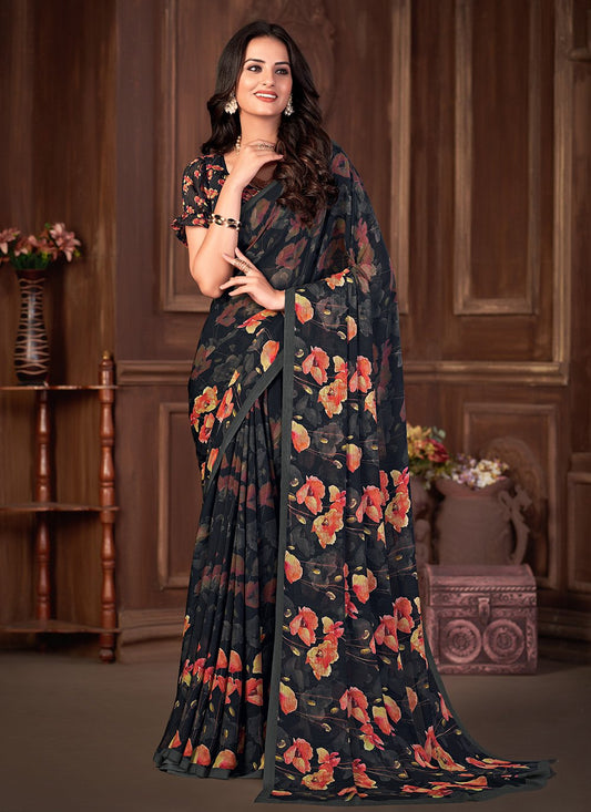 Classic Georgette Black Print Saree