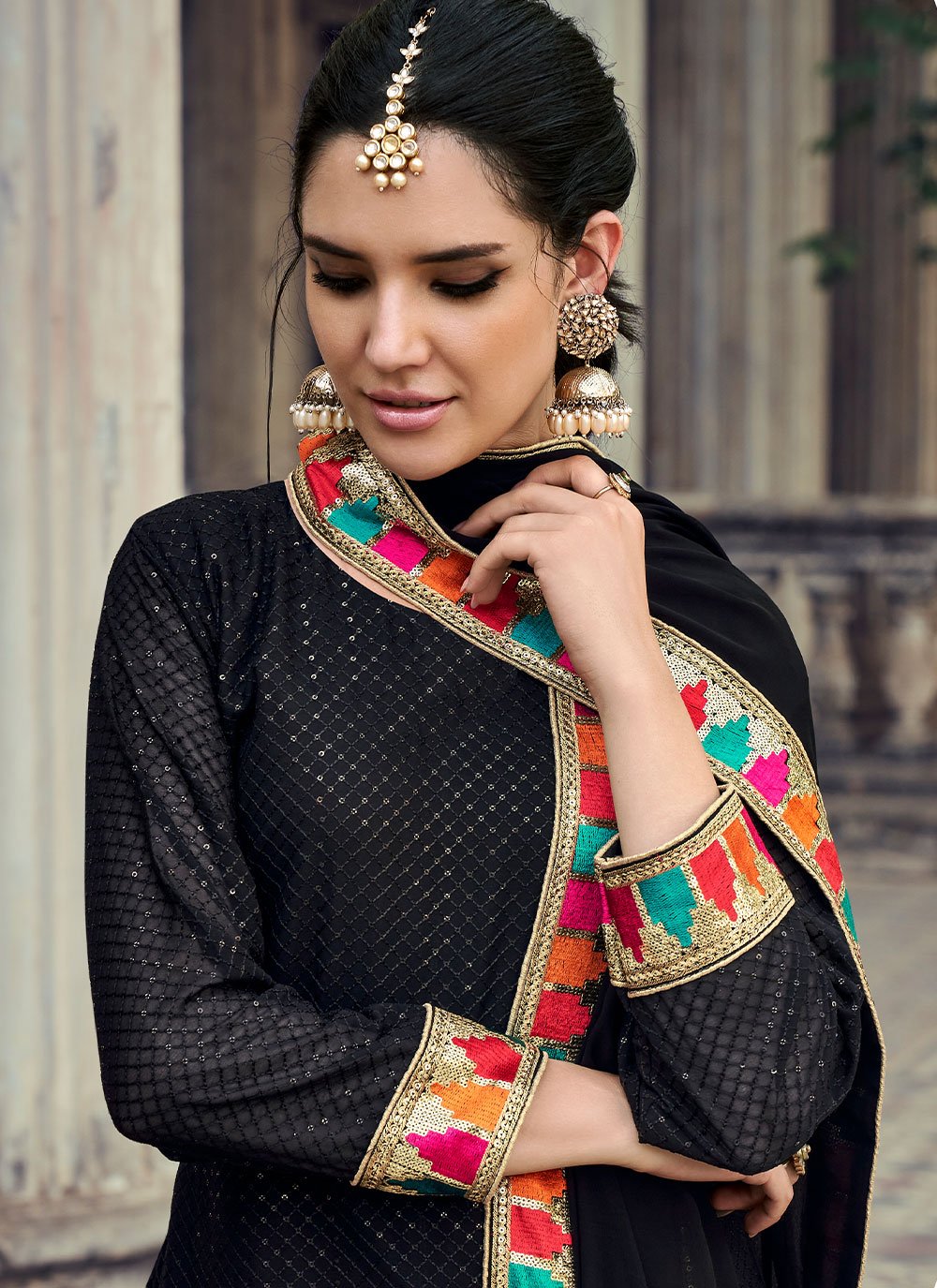 Churidar Suit Georgette Black Embroidered Salwar Kameez