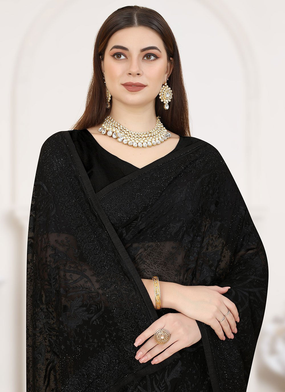 Contemporary Georgette Black Embroidered Saree