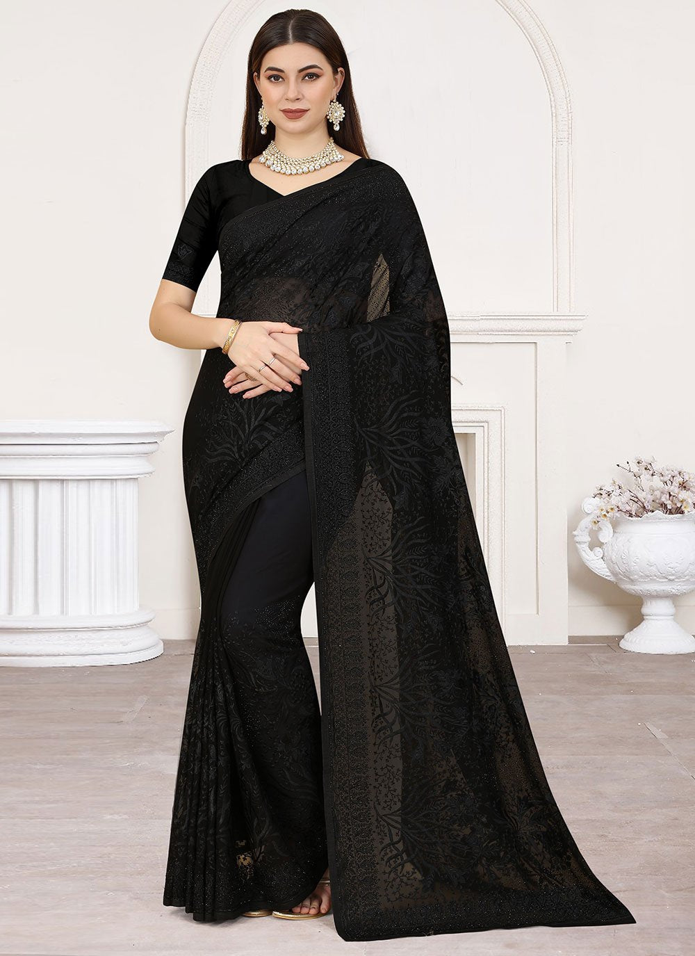 Contemporary Georgette Black Embroidered Saree