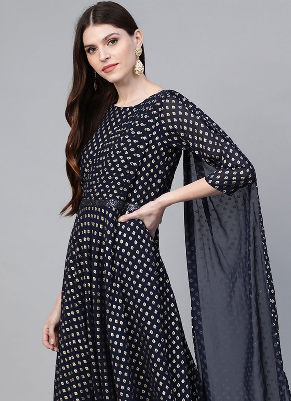 Party Wear Kurti Georgette Black Foil Print Kurtis