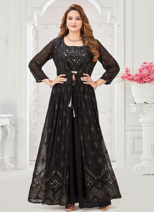 Jacket Style Suit Georgette Black Embroidered Salwar Kameez