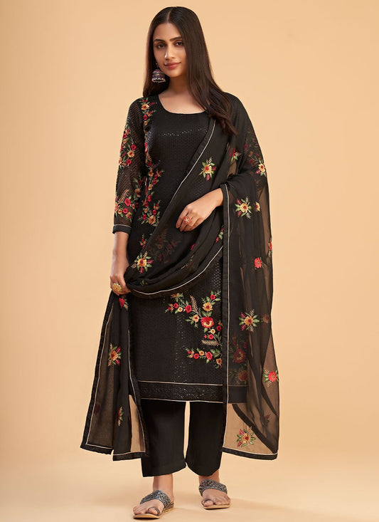 Pant Style Suit Georgette Black Embroidered Salwar Kameez