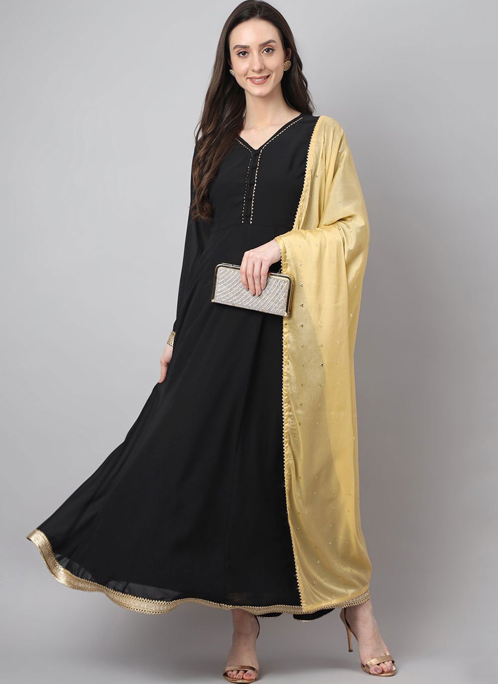 Designer Gown Georgette Black Plain Gown