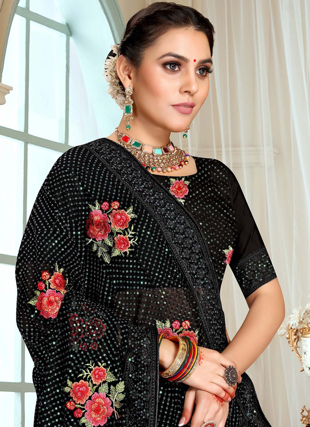 Contemporary Georgette Black Embroidered Saree