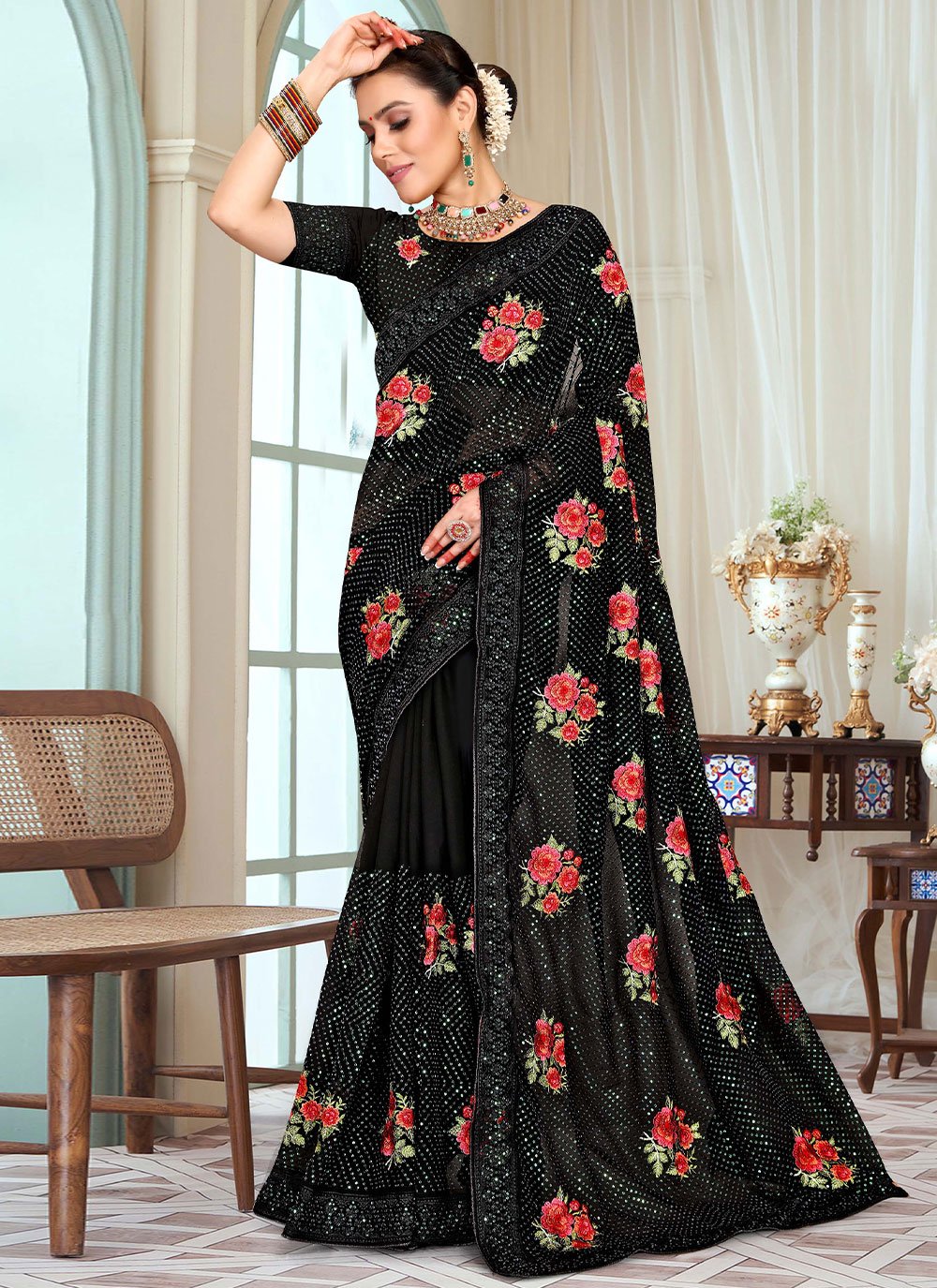 Contemporary Georgette Black Embroidered Saree