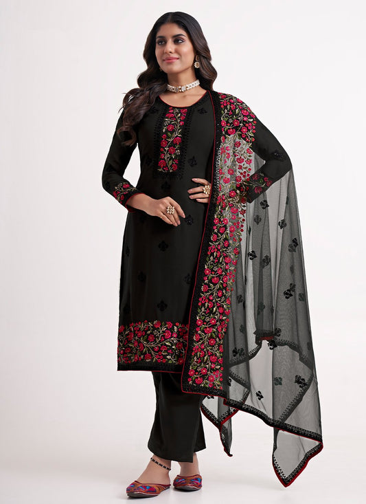 Straight Salwar Suit Georgette Black Embroidered Salwar Kameez