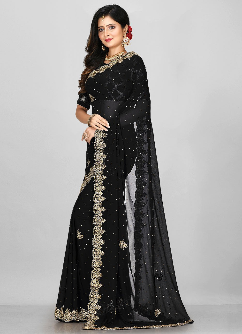 Trendy Saree Georgette Black Hand Work Saree