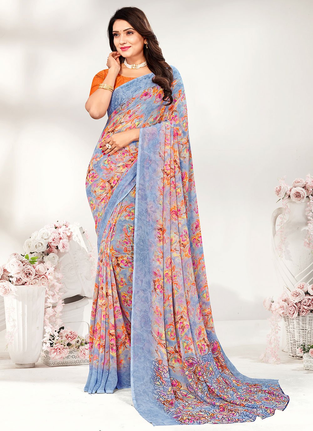 Contemporary Georgette Blue Print Saree