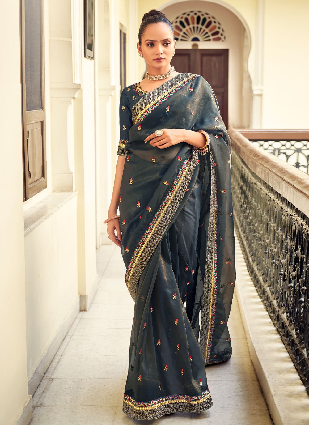 Classic Georgette Blue Embroidered Saree