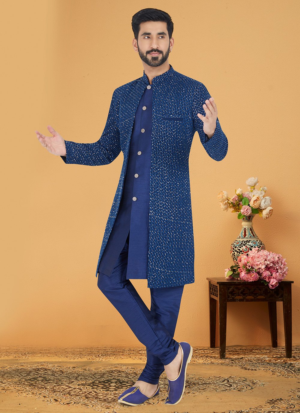 Indo Western Banarasi Silk Georgette Blue Embroidered Mens