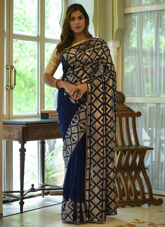 Trendy Saree Georgette Blue Embroidered Saree