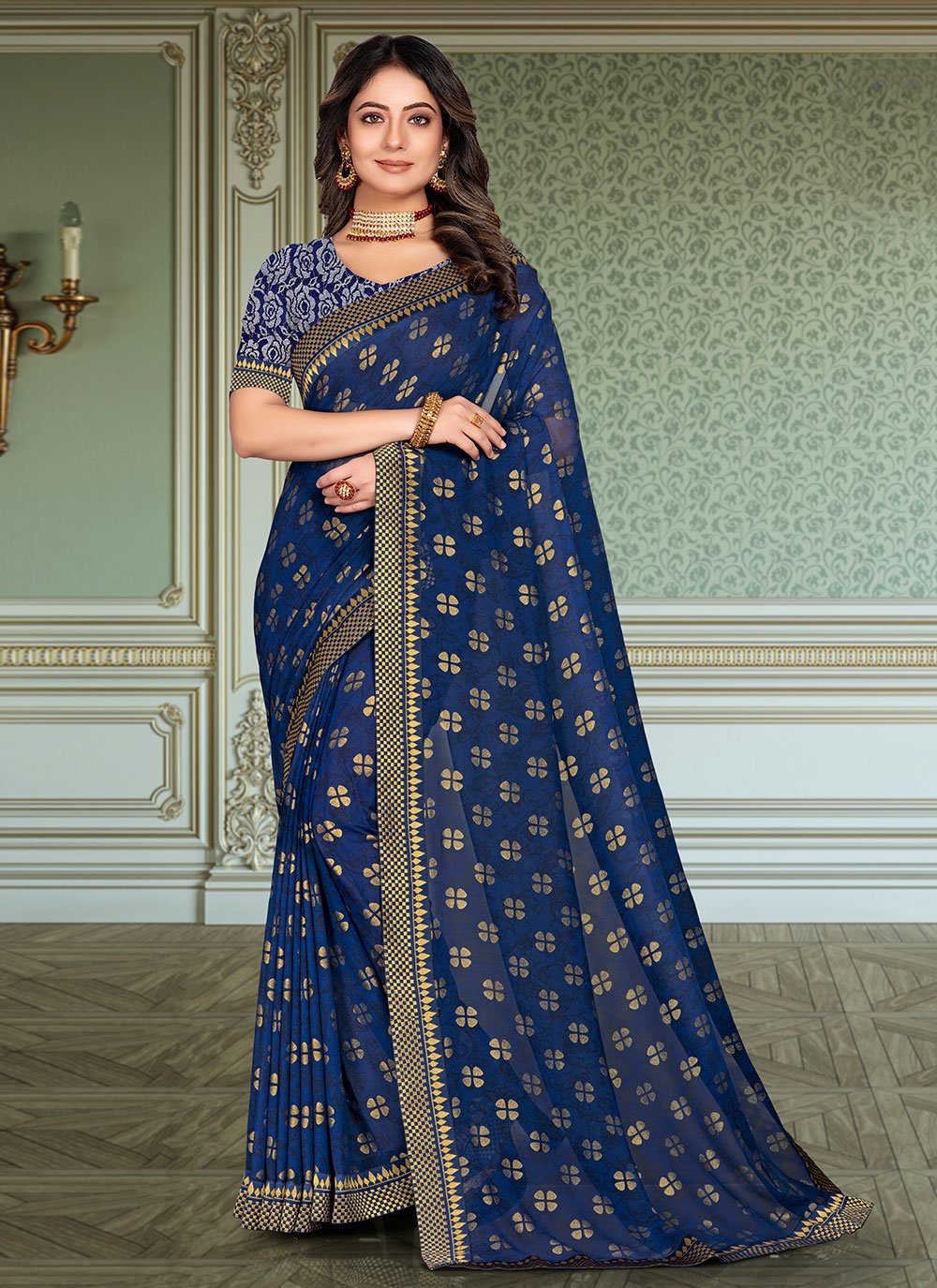 Classic Georgette Blue Fancy Work Saree