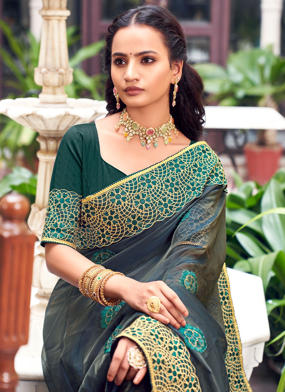 Classic Georgette Grey Patch Border Saree