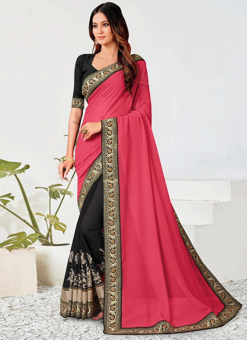 Trendy Saree Georgette Hot Pink Patch Border Saree