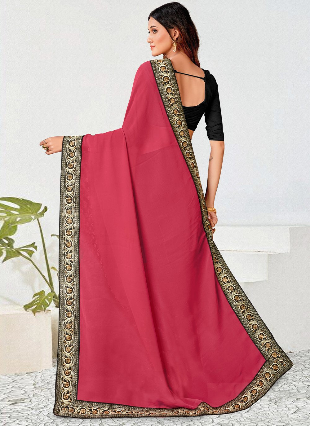 Trendy Saree Georgette Hot Pink Patch Border Saree