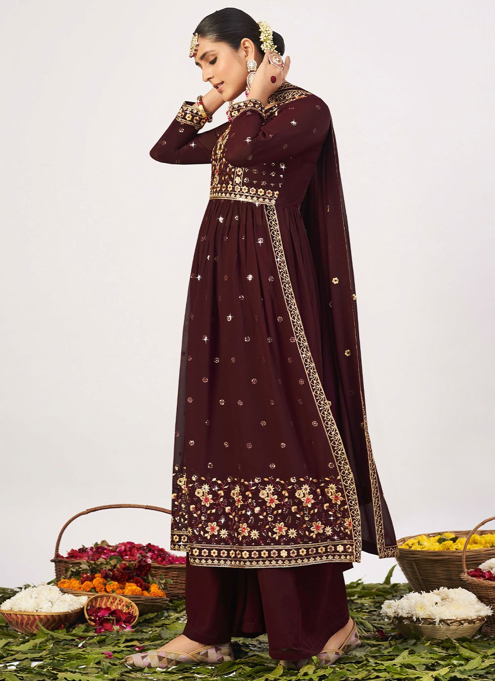 Floor Lenght Salwar Suit Georgette Wine Embroidered Salwar Kameez
