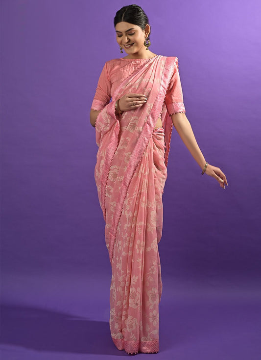 Classic Georgette Pink Patch Border Saree