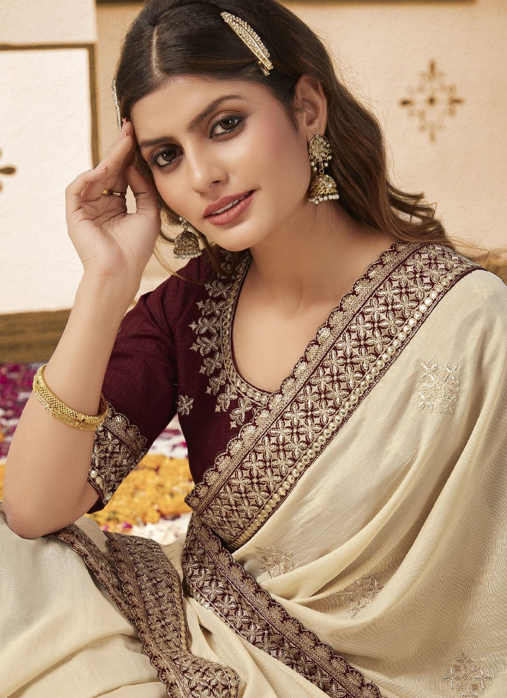 Classic Georgette Cream Patch Border Saree