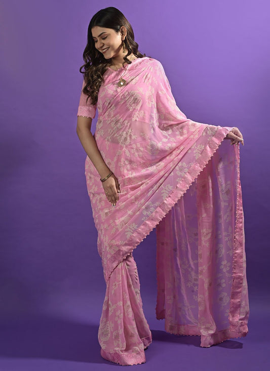 Classic Georgette Pink Patch Border Saree