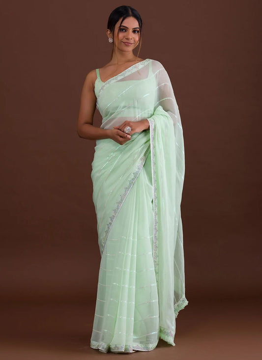 Classic Georgette Sea Green Diamond Saree