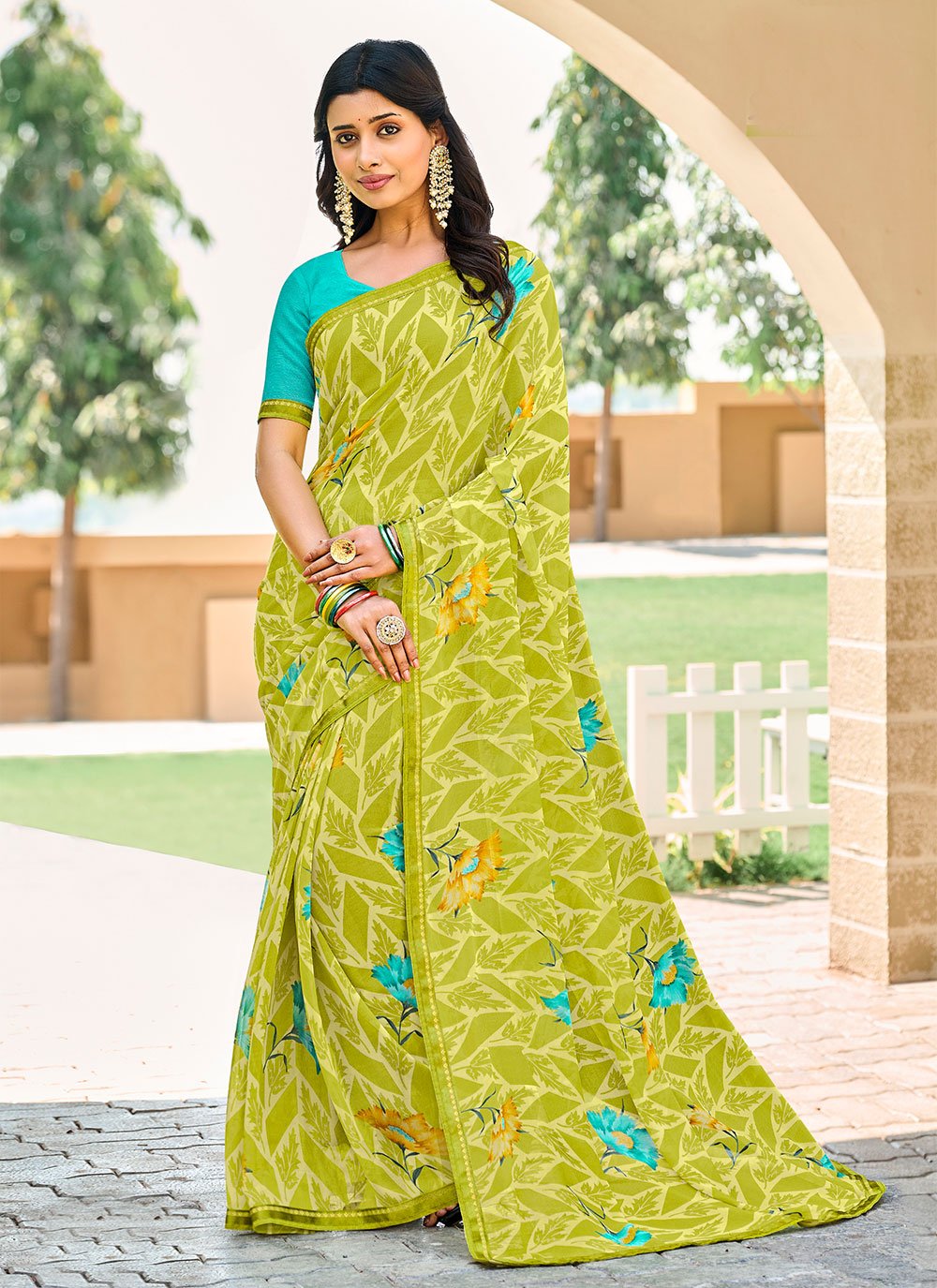 Trendy Saree Georgette Green Fancy Work Saree