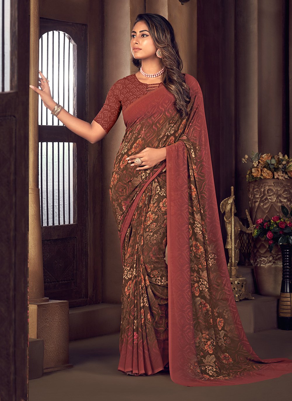 Trendy Saree Georgette Brown Maroon Print Saree