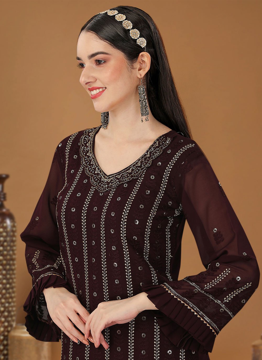 Salwar Suit Georgette Brown Embroidered Salwar Kameez