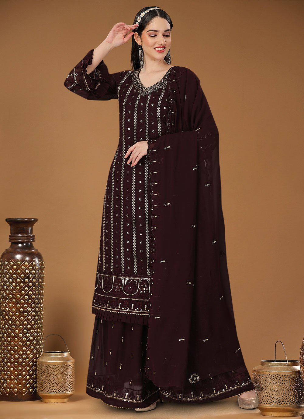 Salwar Suit Georgette Brown Embroidered Salwar Kameez