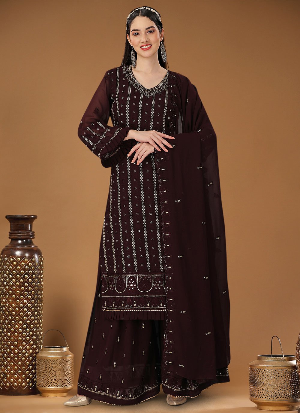 Salwar Suit Georgette Brown Embroidered Salwar Kameez