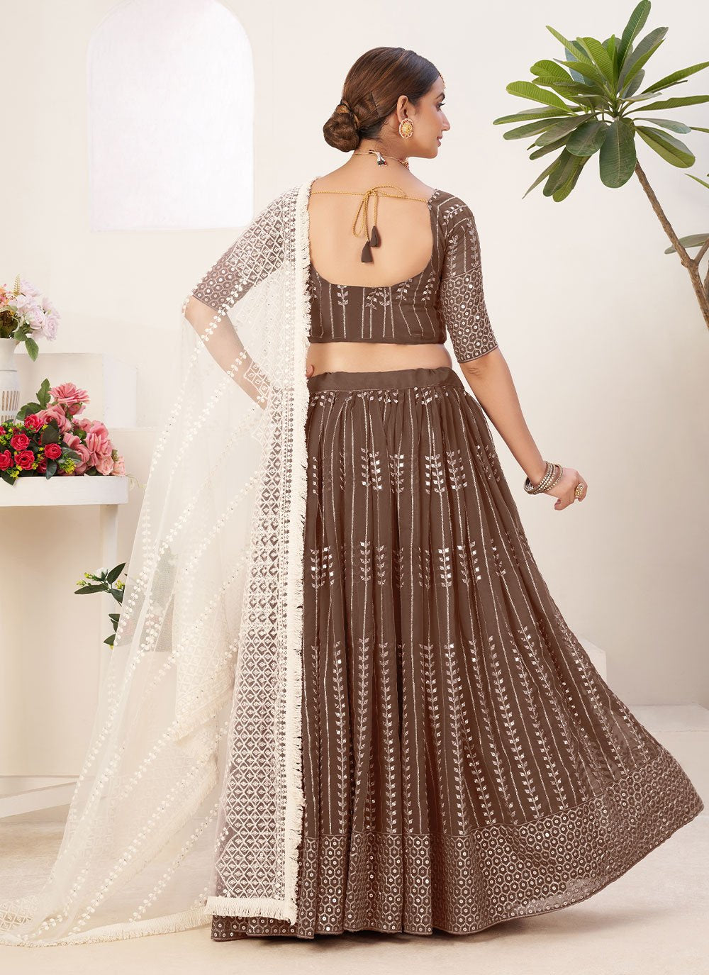 Lehenga Choli Georgette Brown Embroidered Lehenga Choli