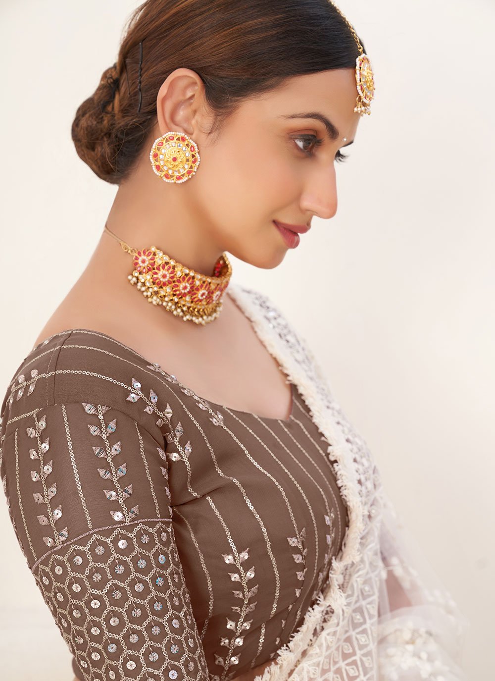 Lehenga Choli Georgette Brown Embroidered Lehenga Choli