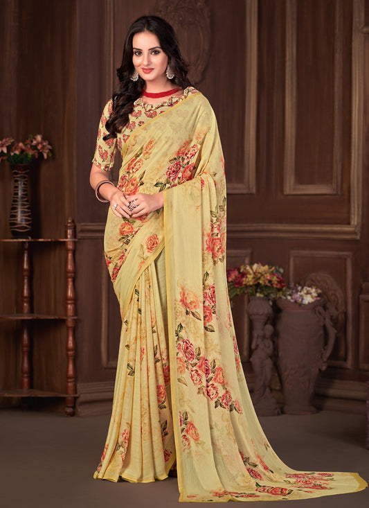 Classic Georgette Yellow Print Saree