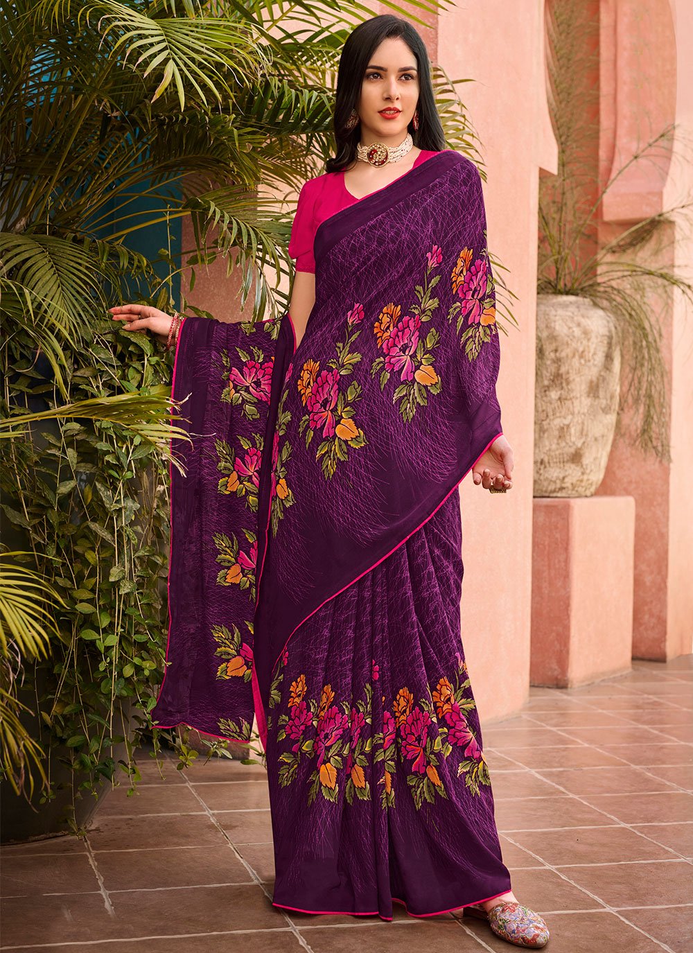 Contemporary Georgette Purple Print Saree