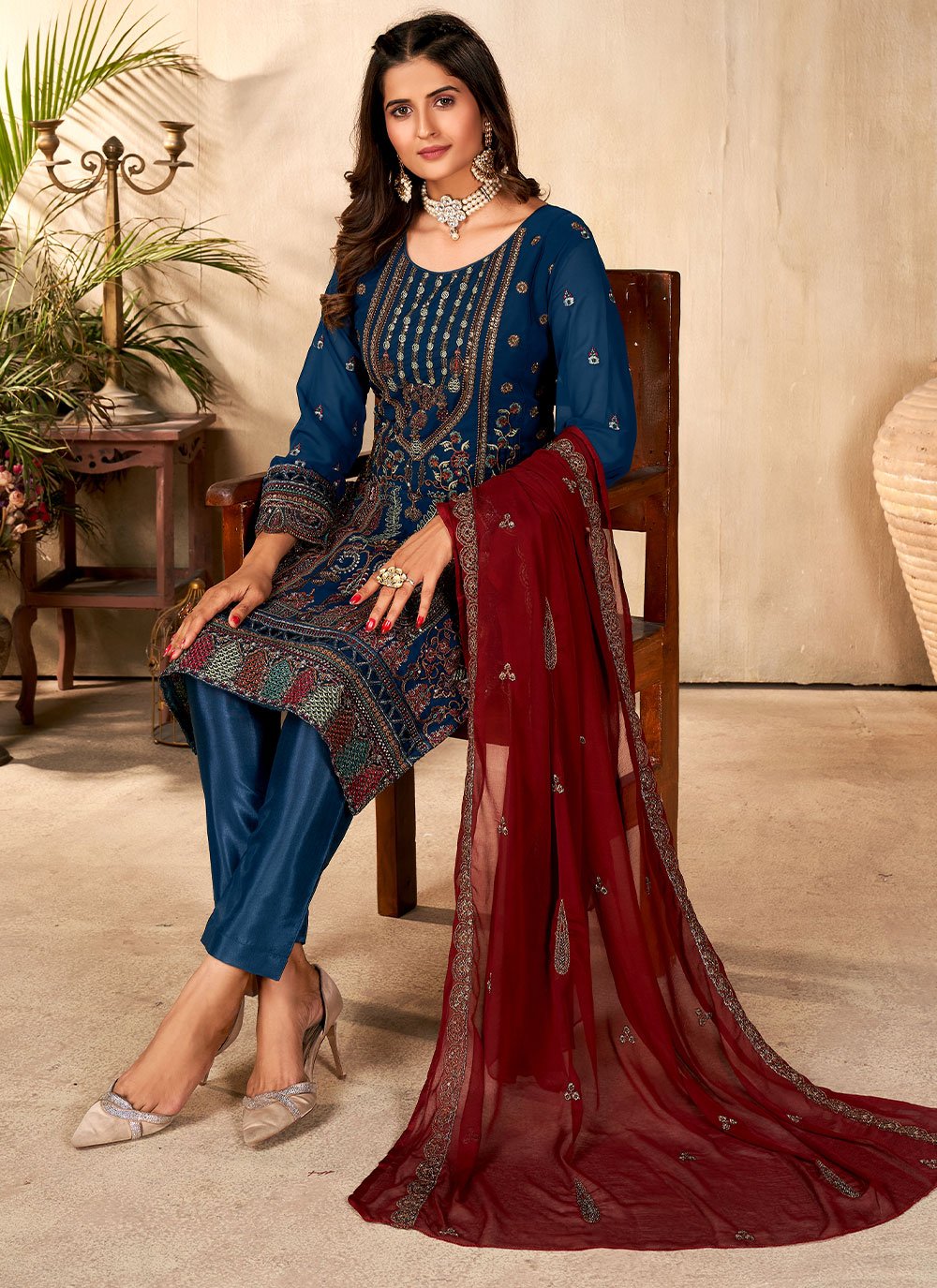 Pant Style Suit Georgette Morpeach Embroidered Salwar Kameez