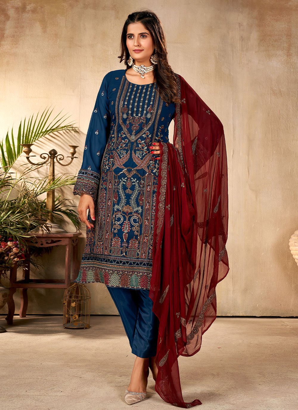 Pant Style Suit Georgette Morpeach Embroidered Salwar Kameez