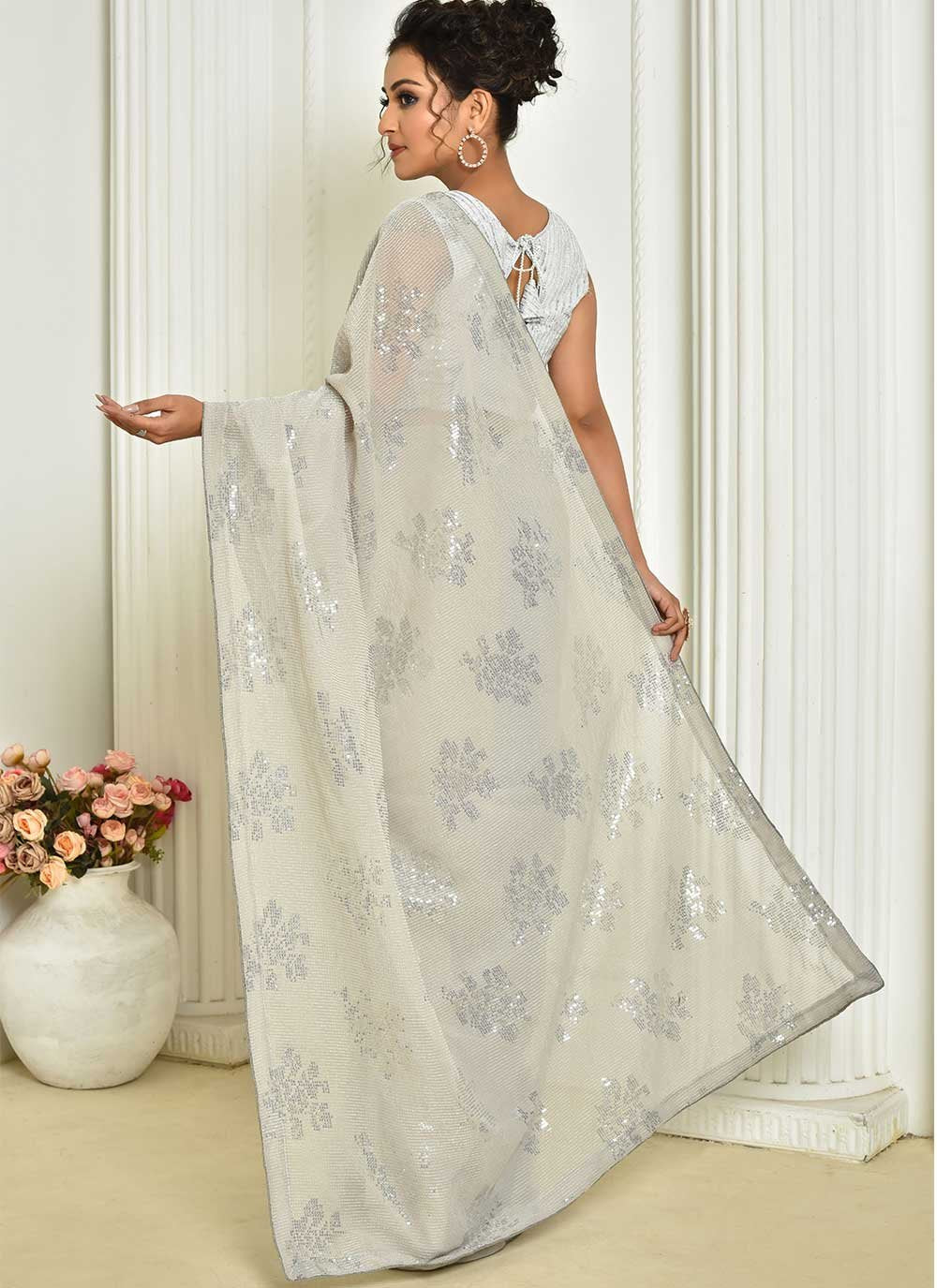 Designer Georgette Grey Embroidered Saree