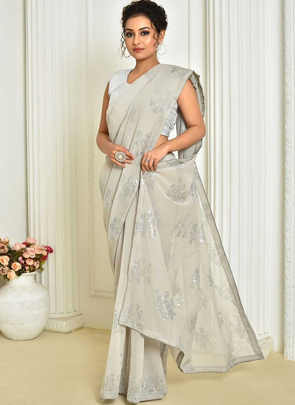 Designer Georgette Grey Embroidered Saree