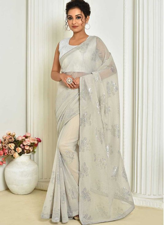 Designer Georgette Grey Embroidered Saree