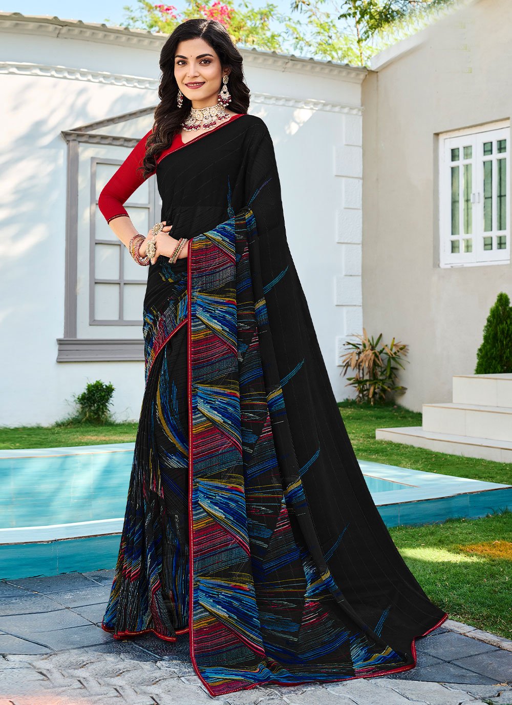 Designer Georgette Black Fancy Work Saree