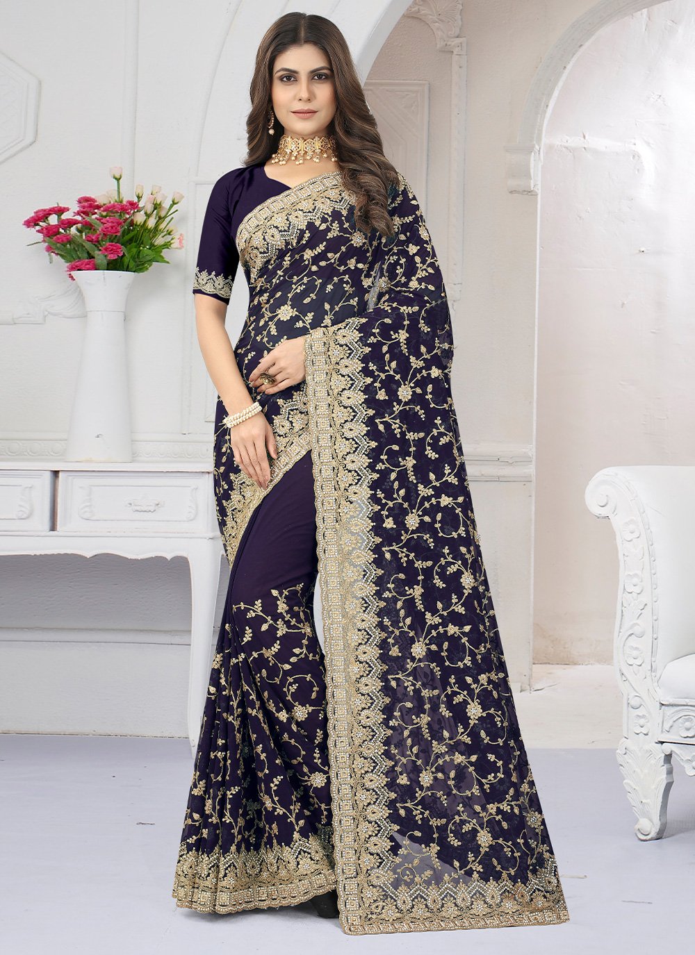 Designer Georgette Purple Embroidered Saree