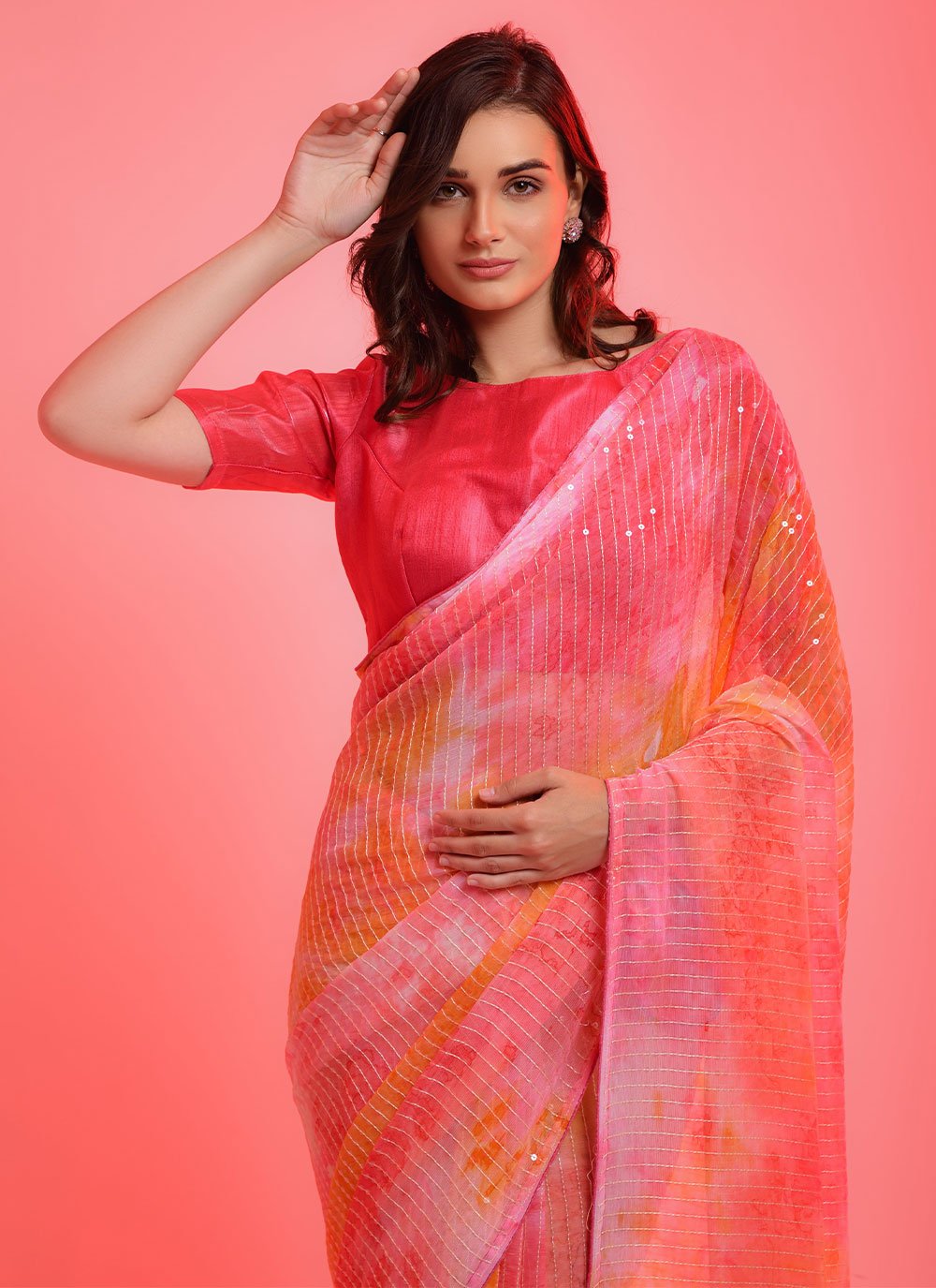 Classic Georgette Peach Sequins Saree